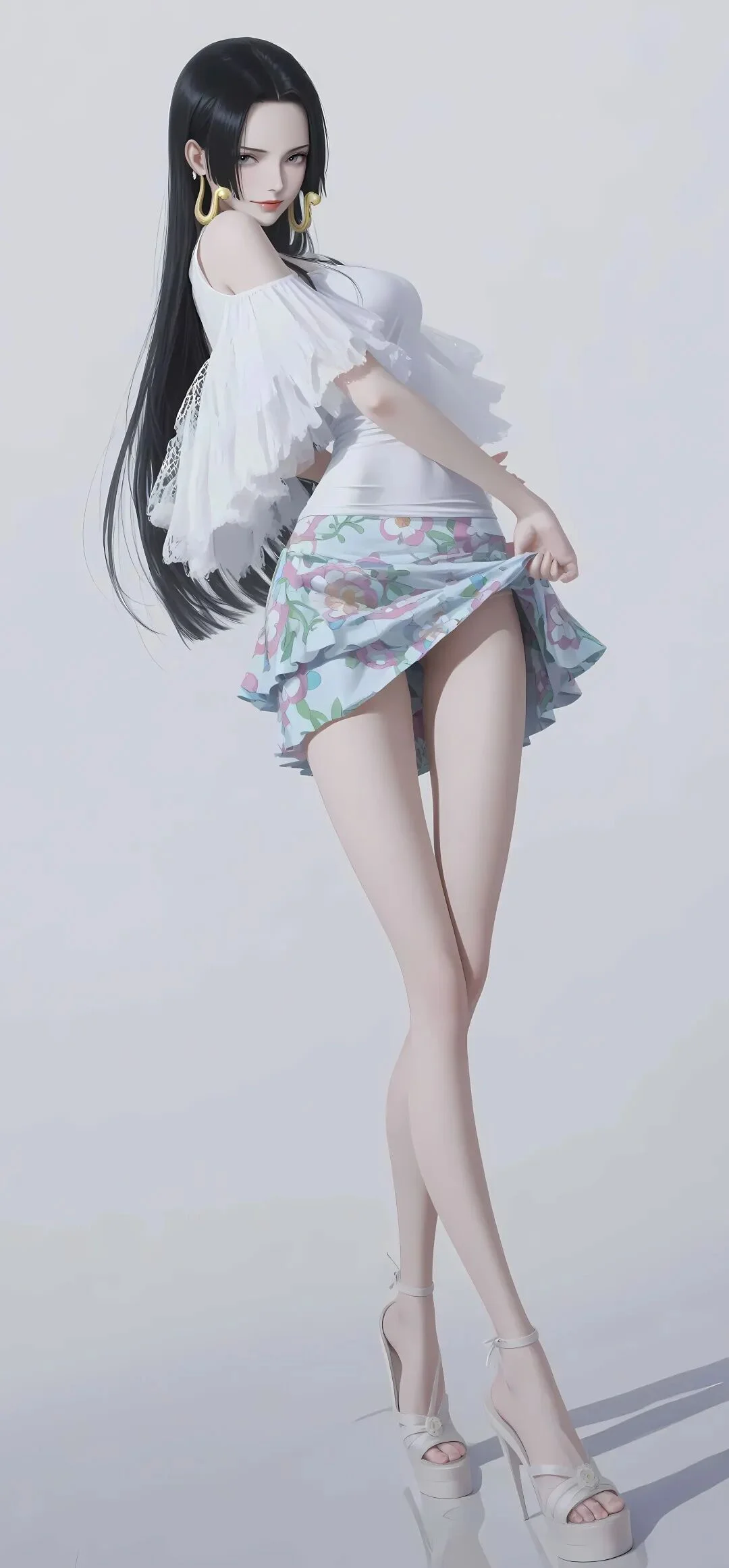 海贼王福利图：女帝白色露肩上衣碎花短裙，纯欲甜妹氛围感拉满！