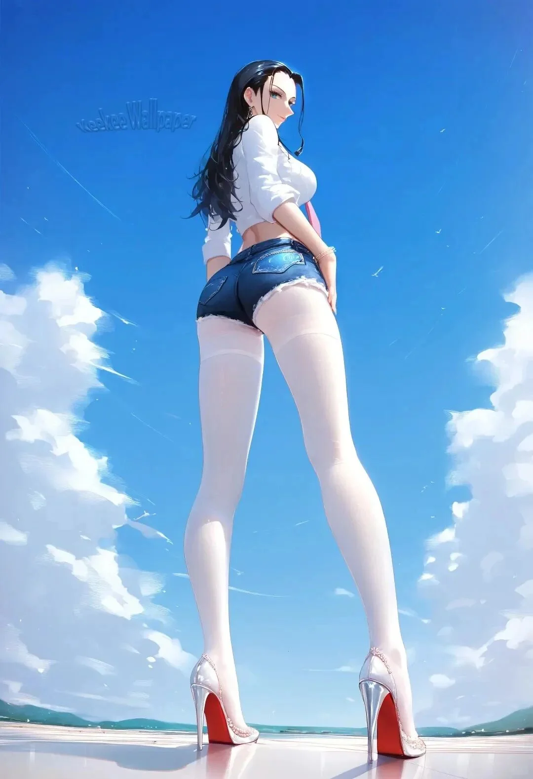 海贼王福利图：罗宾短款白衬衫+牛仔热裤+白丝高跟，飒爽撩人氛围感拉满！