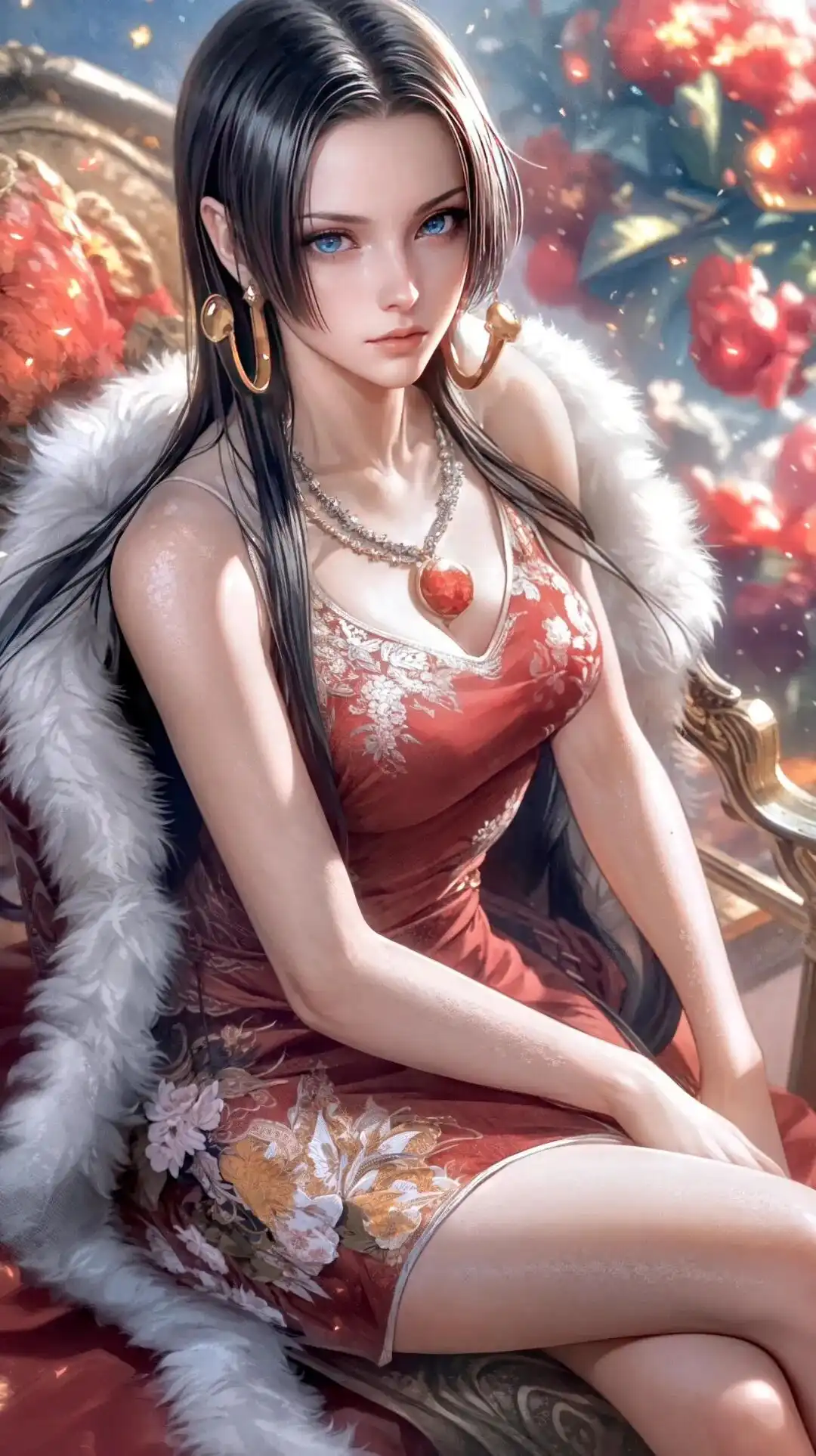 海贼王福利图：女帝红色刺绣旗袍+毛绒披肩，华贵性感氛围感拉满！