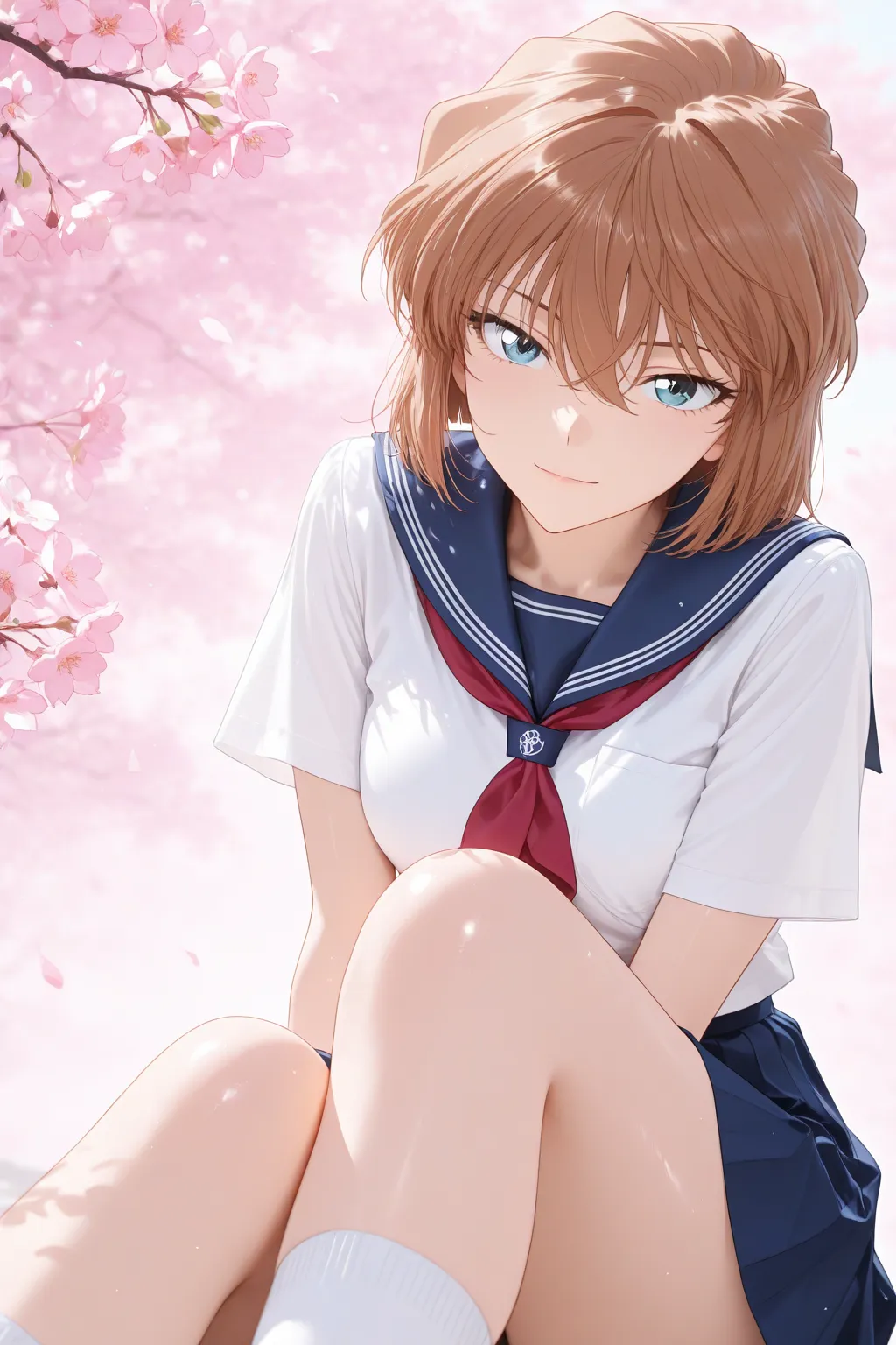 名侦探柯南福利图：灰原哀水手服樱花景，柔媚曲线勾魂摄魄