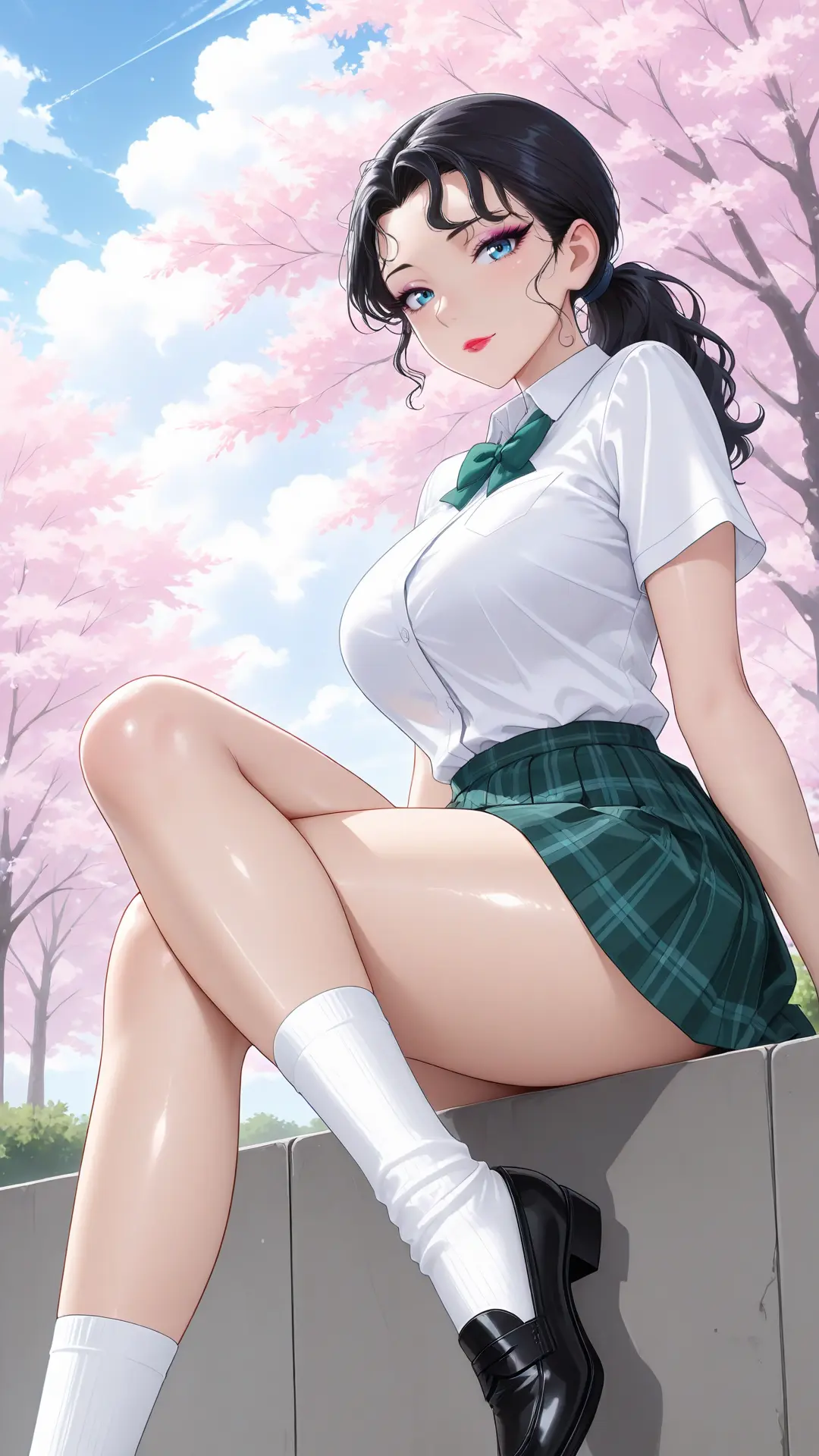 名侦探柯南福利图：校服少女白衫绿裙，饱满曲线搭配樱花氛围感，性感甜度双爆表！