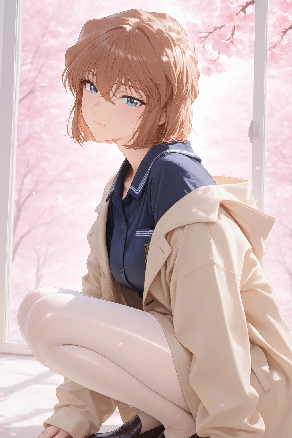 名侦探柯南福利图：灰原哀水手服+光泽白裤，樱花下蹲姿曲线勾人魂魄！