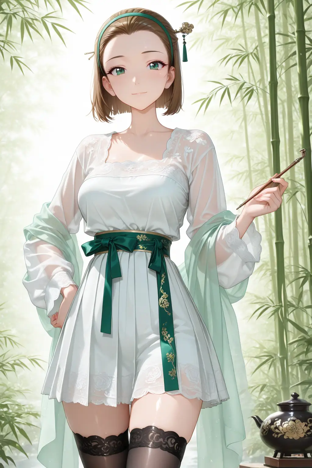 性感福利图：古风少女白蕾丝裙裤+黑丝，清雅性感超勾人！