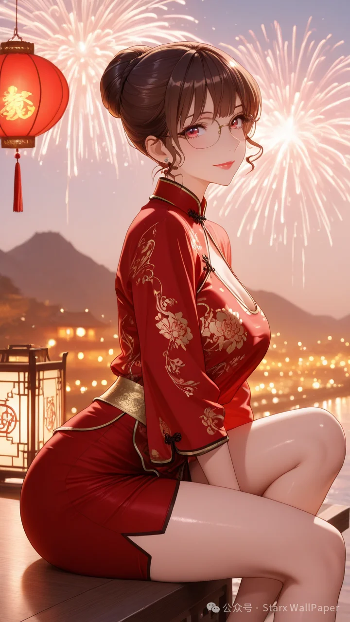 性感福利图：红金旗袍眼镜娘，国风妩媚氛围感拉满！