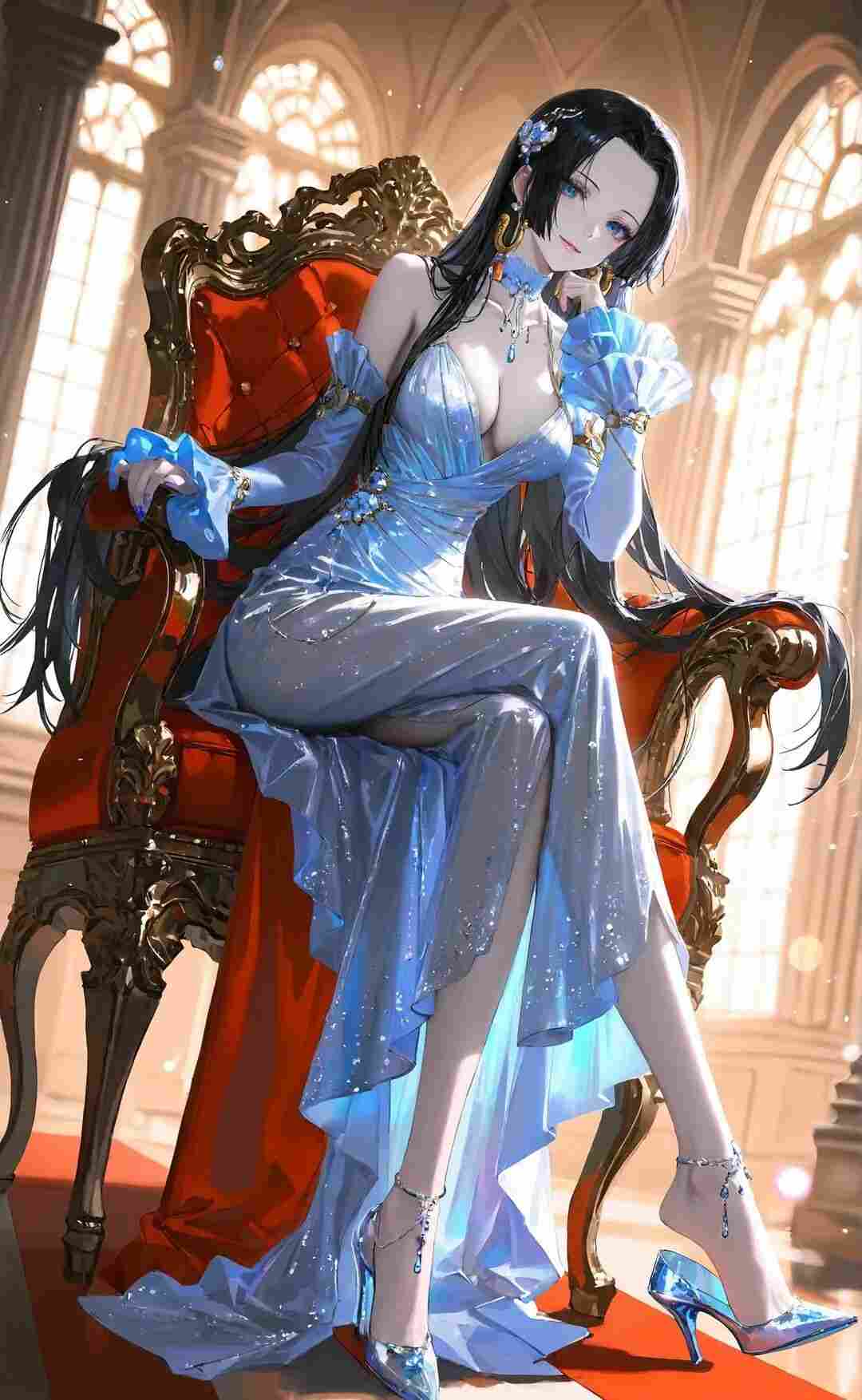 海贼王福利图：女帝冰蓝亮片深V礼服，华贵撩人张力拉满！