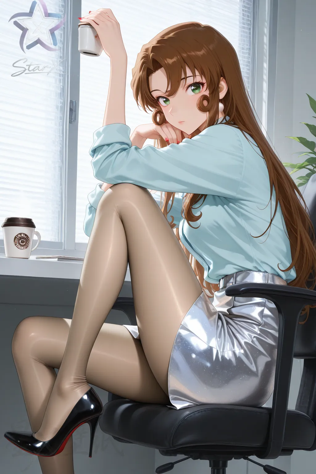 性感福利图：工藤有希子浅蓝衬衫银短裙，丝袜高跟魅惑感拉满！