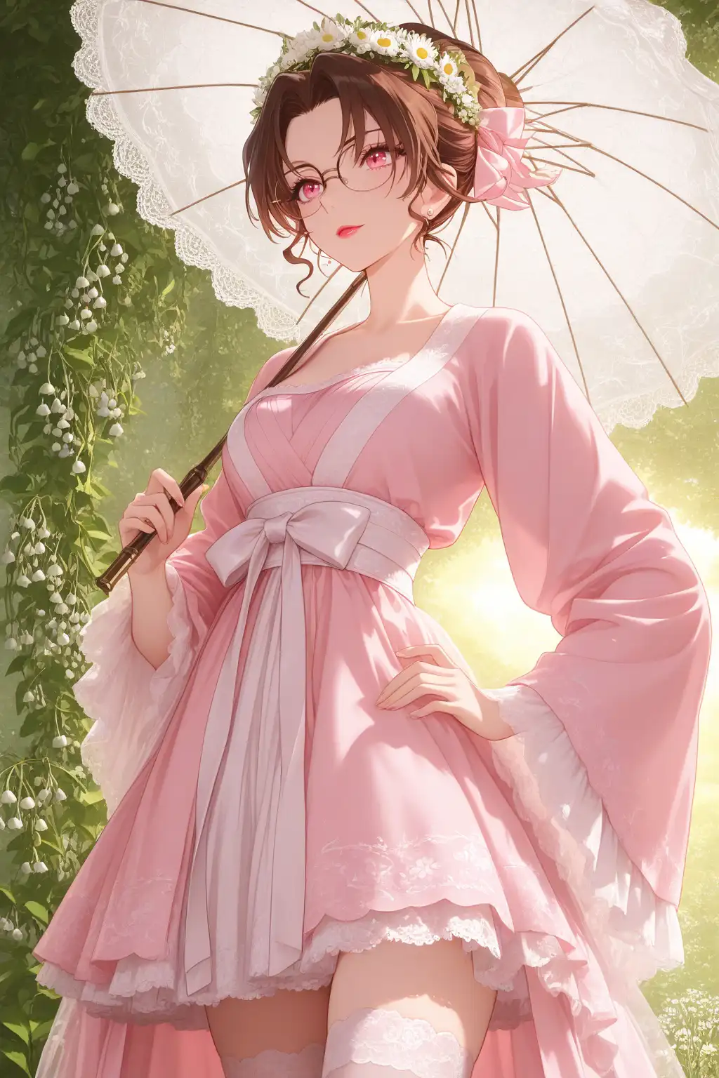 性感福利图：粉色蕾丝古风裙少女持伞，甜辣性感氛围感拉满！