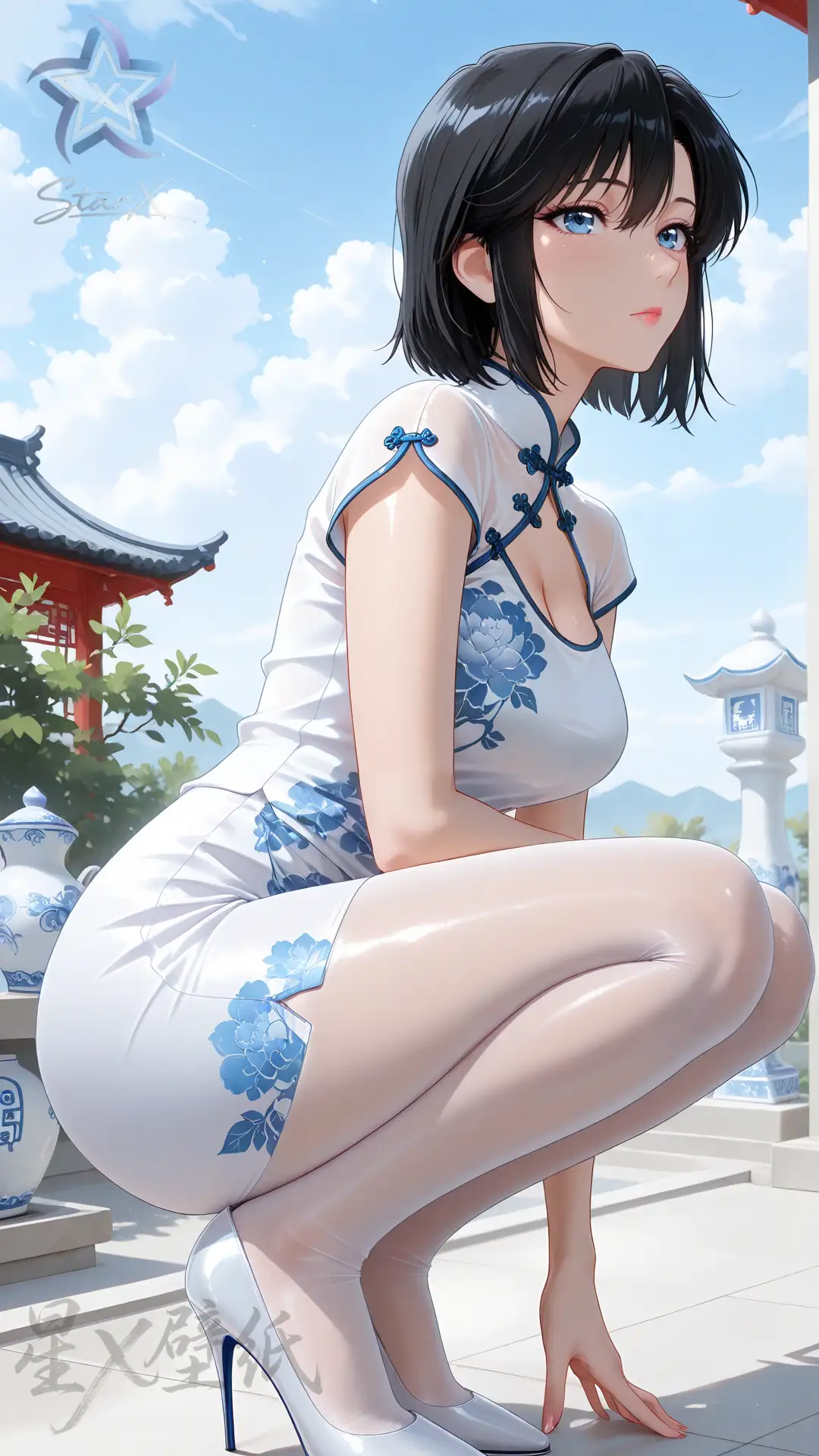 性感福利图：短发旗袍少女青花瓷裙+丝袜高跟，古典性感韵味十足！