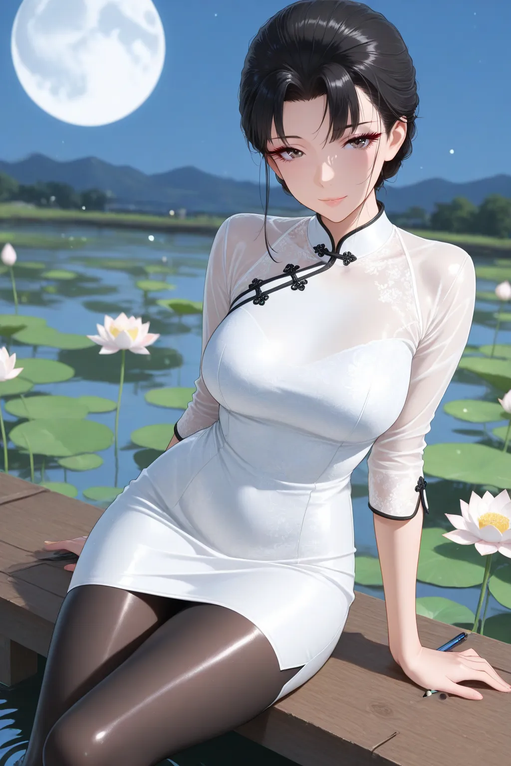 性感福利图：旗袍佳人白色旗袍黑丝，温婉性感氛围感拉满！