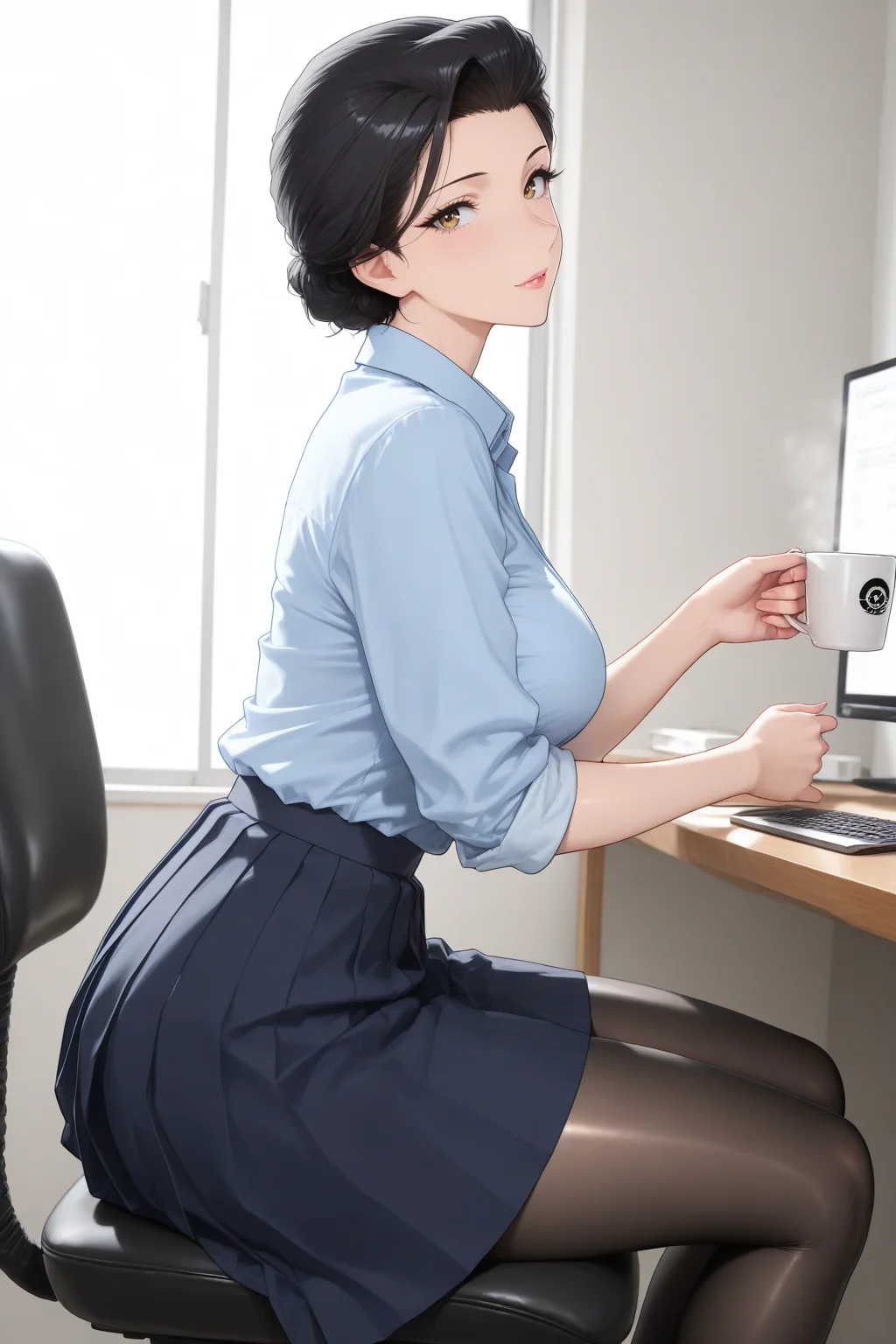 性感福利图：职场御姐浅蓝衬衫黑丝短裙，勾人曲线氛围感拉满！