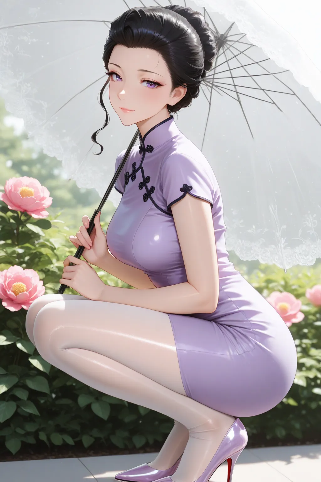 性感福利图：服部静华淡紫旗袍蹲姿，温婉性感韵味十足！