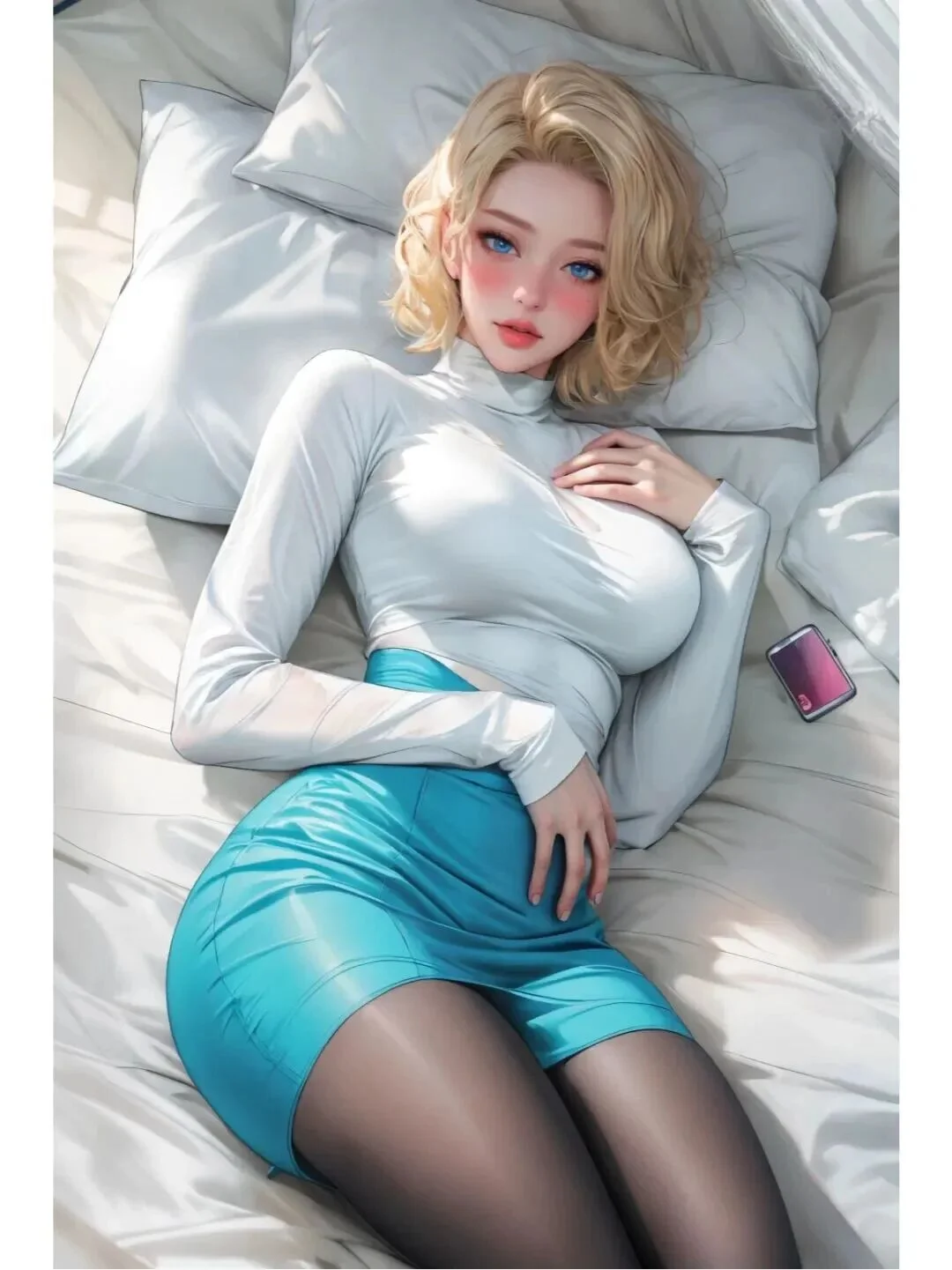 龙珠福利图：布尔玛白紧身衣+蓝包臀裙黑丝，慵懒卧榻性感勾心