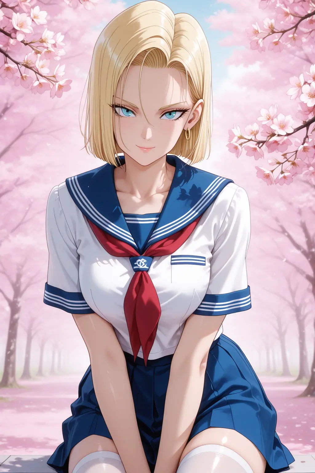 龙珠福利图：18号白蓝水手服+白丝，樱花下纯欲性感氛围感拉满