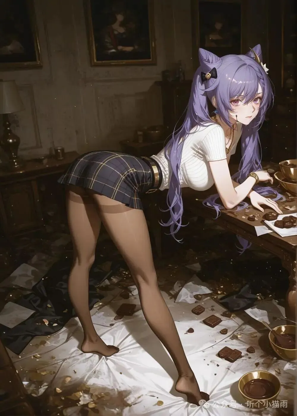 原神福利图：刻晴格纹短裙肉色丝袜，俯身撑桌曲线勾人魂魄