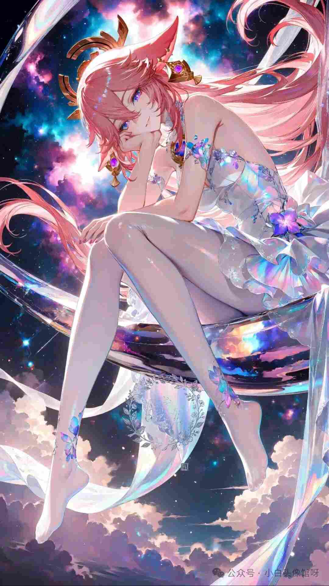 原神福利图：八重神子幻彩纱裙白丝，慵懒坐姿曲线勾人心魄