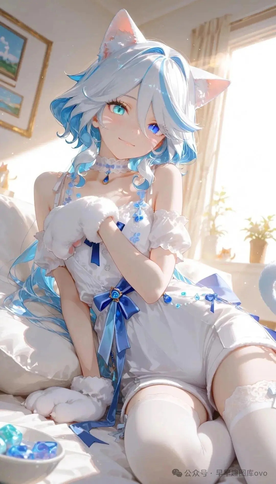 原神福利图：希格雯白色吊带连衣裤蓝蝴蝶结，猫耳甜妹曲线勾魂