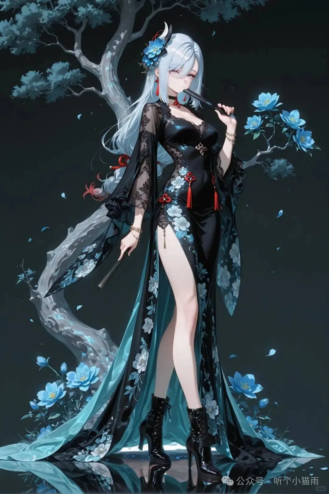 原神福利图：申鹤黑蕾丝花卉旗袍，清冷御姐性感韵味勾人心弦