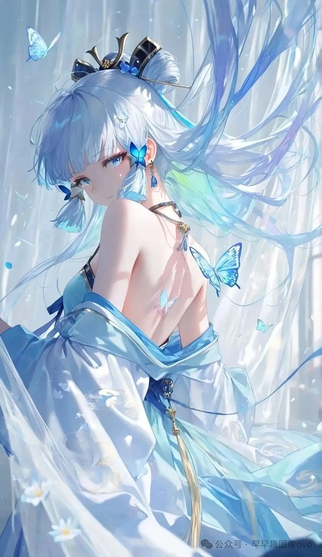 原神福利图：神里绫华露背蓝纱裙，清冷仙姬曲线勾魂