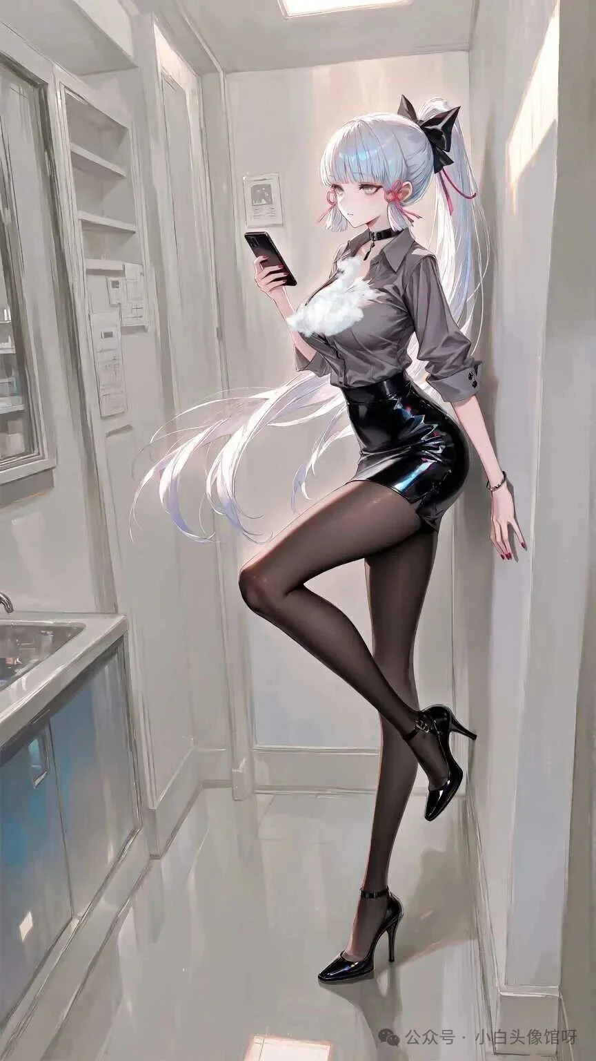 原神福利图：神里绫华灰衫黑皮裙黑丝高跟，OL御姐曲线勾魂摄魄