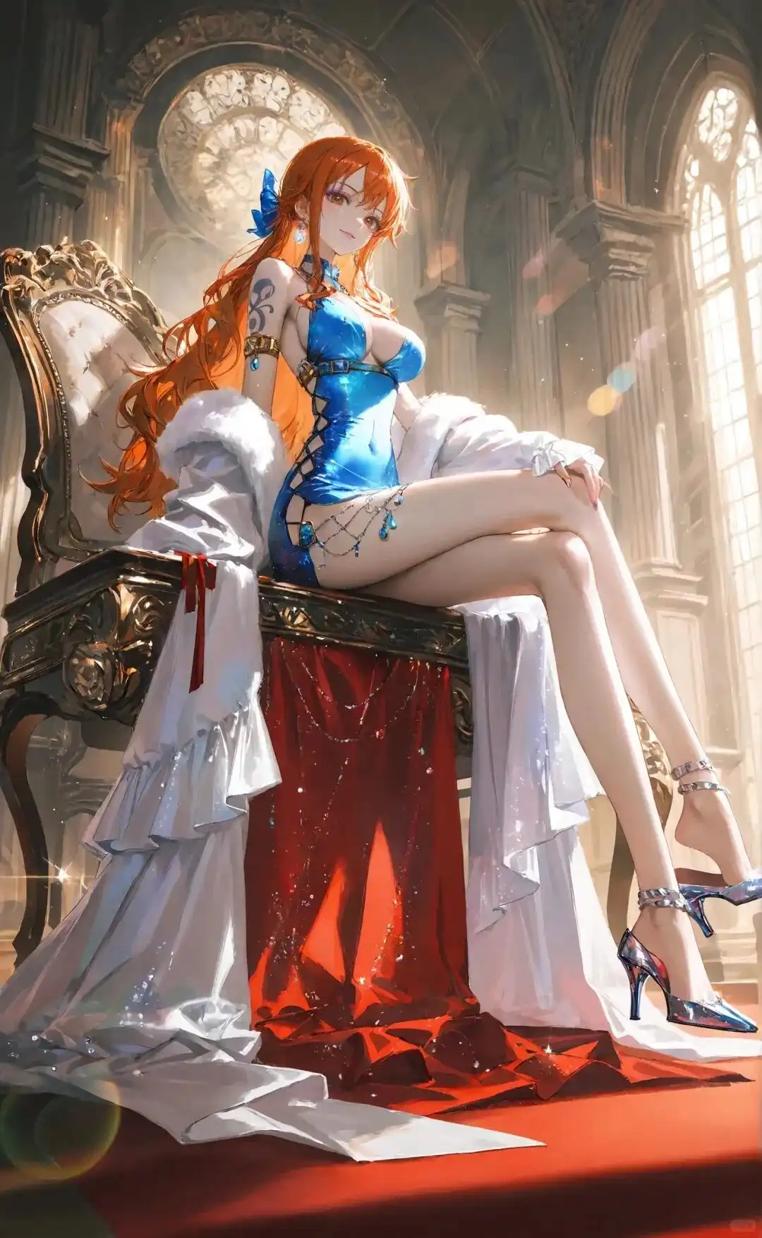海贼王福利图：娜美蓝色紧身吊带裙+毛绒披风，华贵魅惑氛围感拉满！