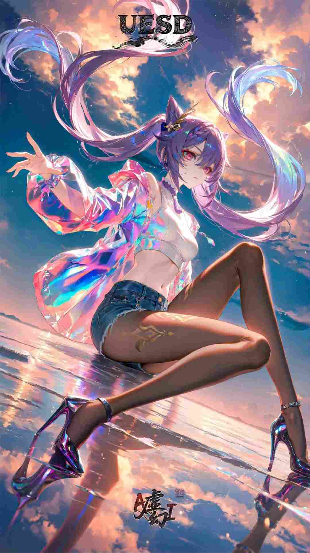 原神福利图：刻晴镭射炫彩外套黑丝高跟，潮酷性感姿态勾魂夺魄