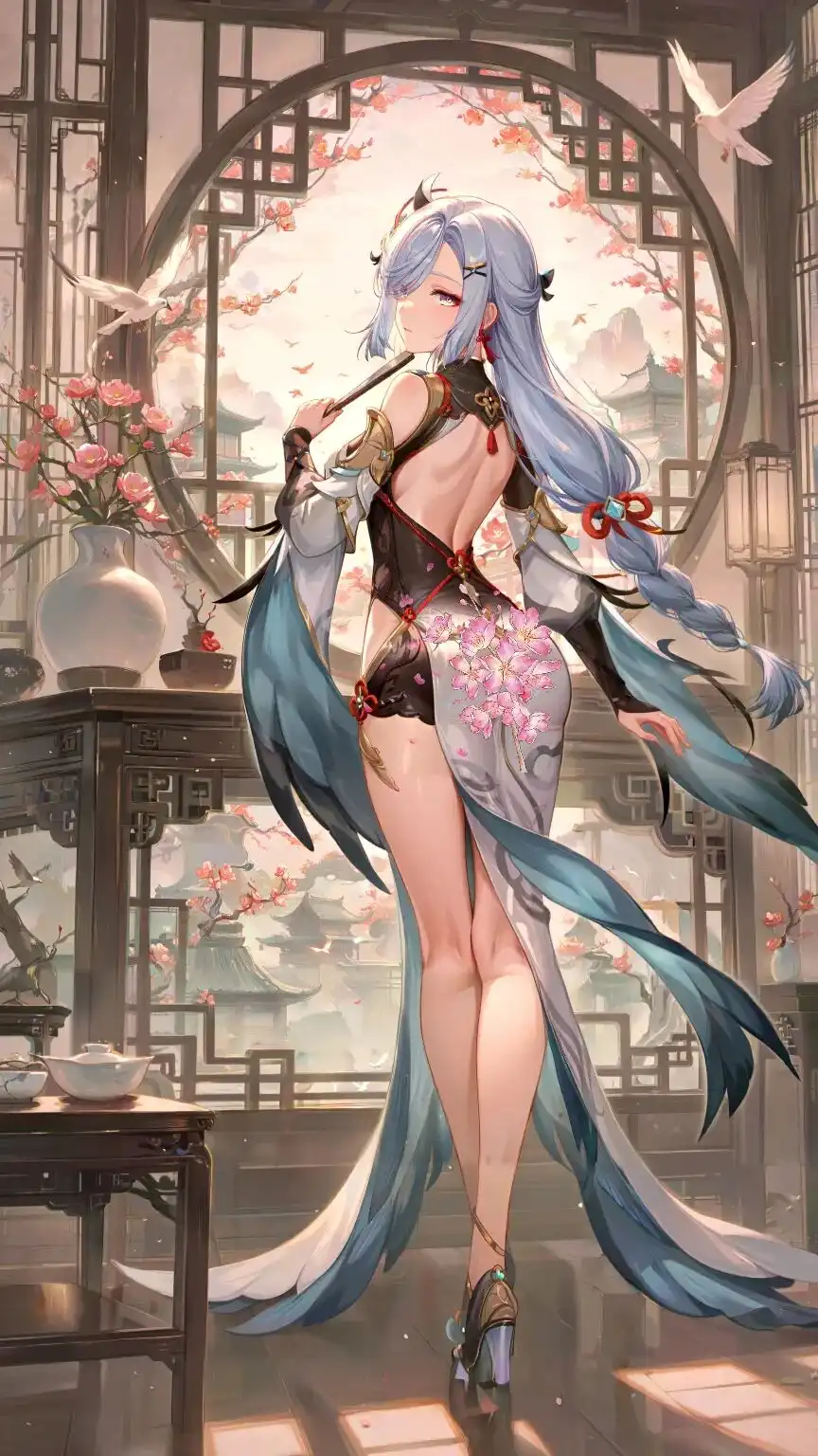 原神福利图：申鹤露背樱花古风裙，清冷御姐曲线勾魂