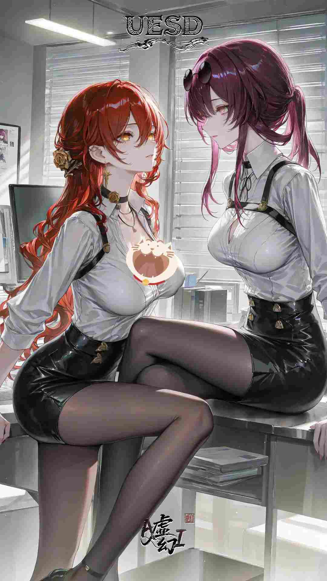 原神福利图：罗莎莉亚&迪卢克（女化）OL黑丝皮裙，职场御姐互动诱惑感爆棚