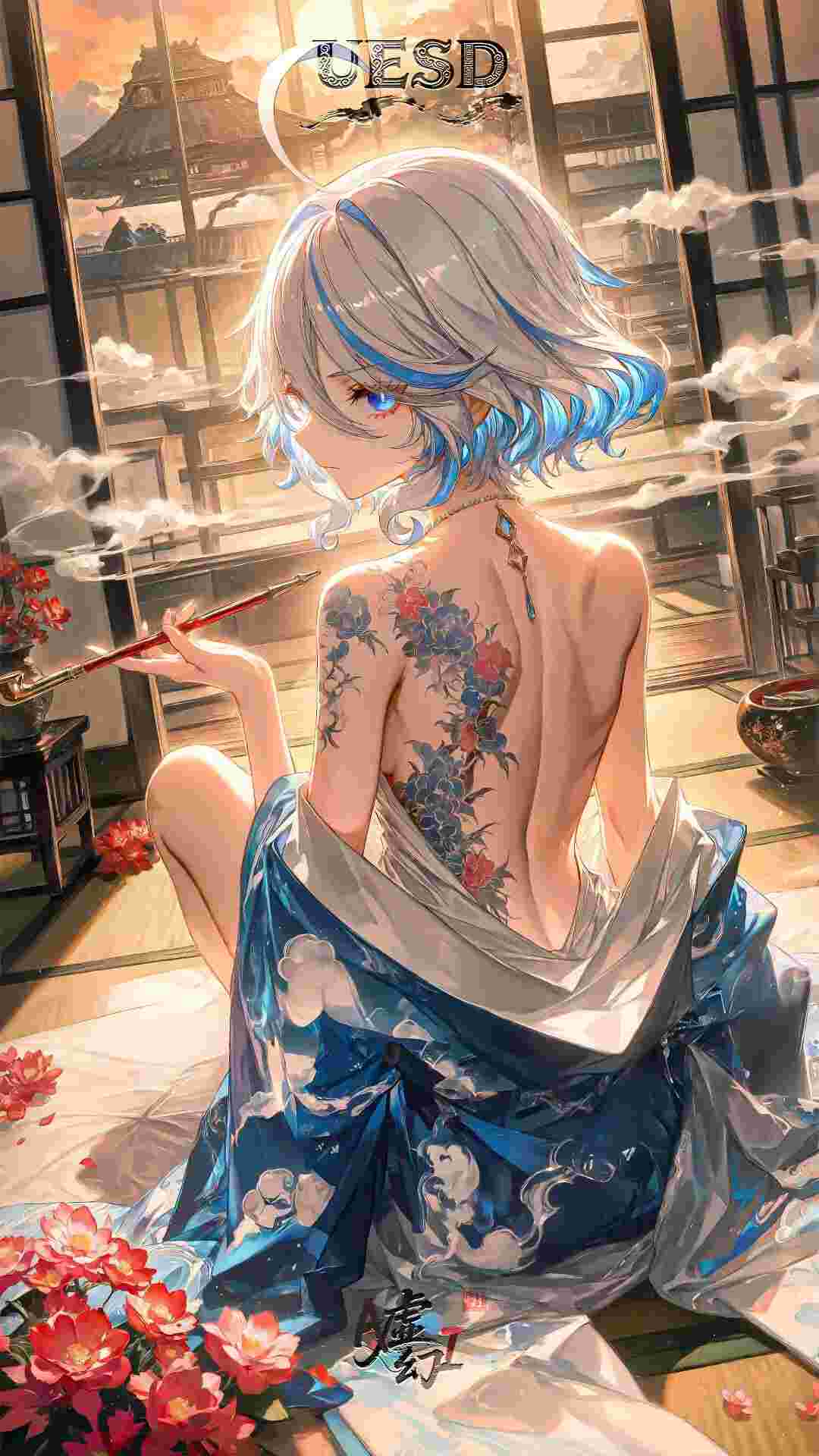 原神福利图：申鹤露背蓝白和服纹身，妖冶身姿勾魂摄魄