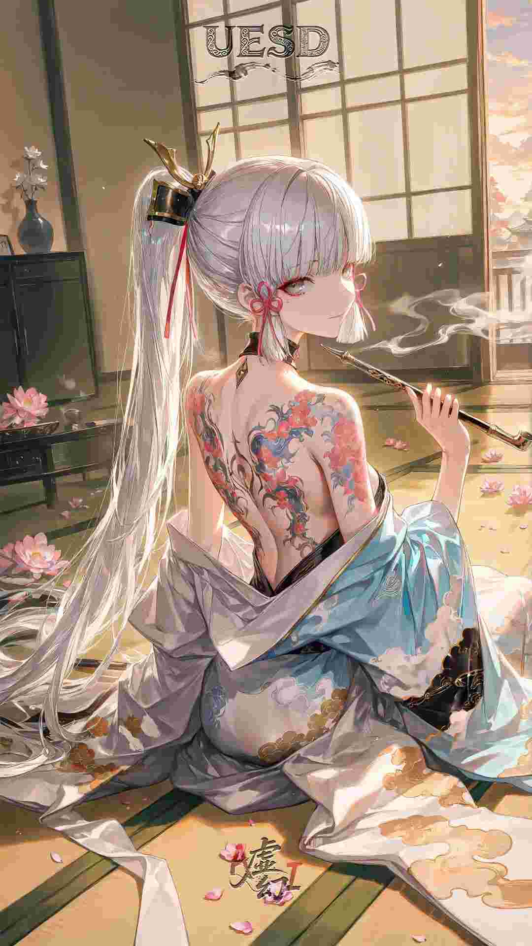 原神福利图：神里绫华露背和服持烟斗，慵懒魅惑纹身勾魂