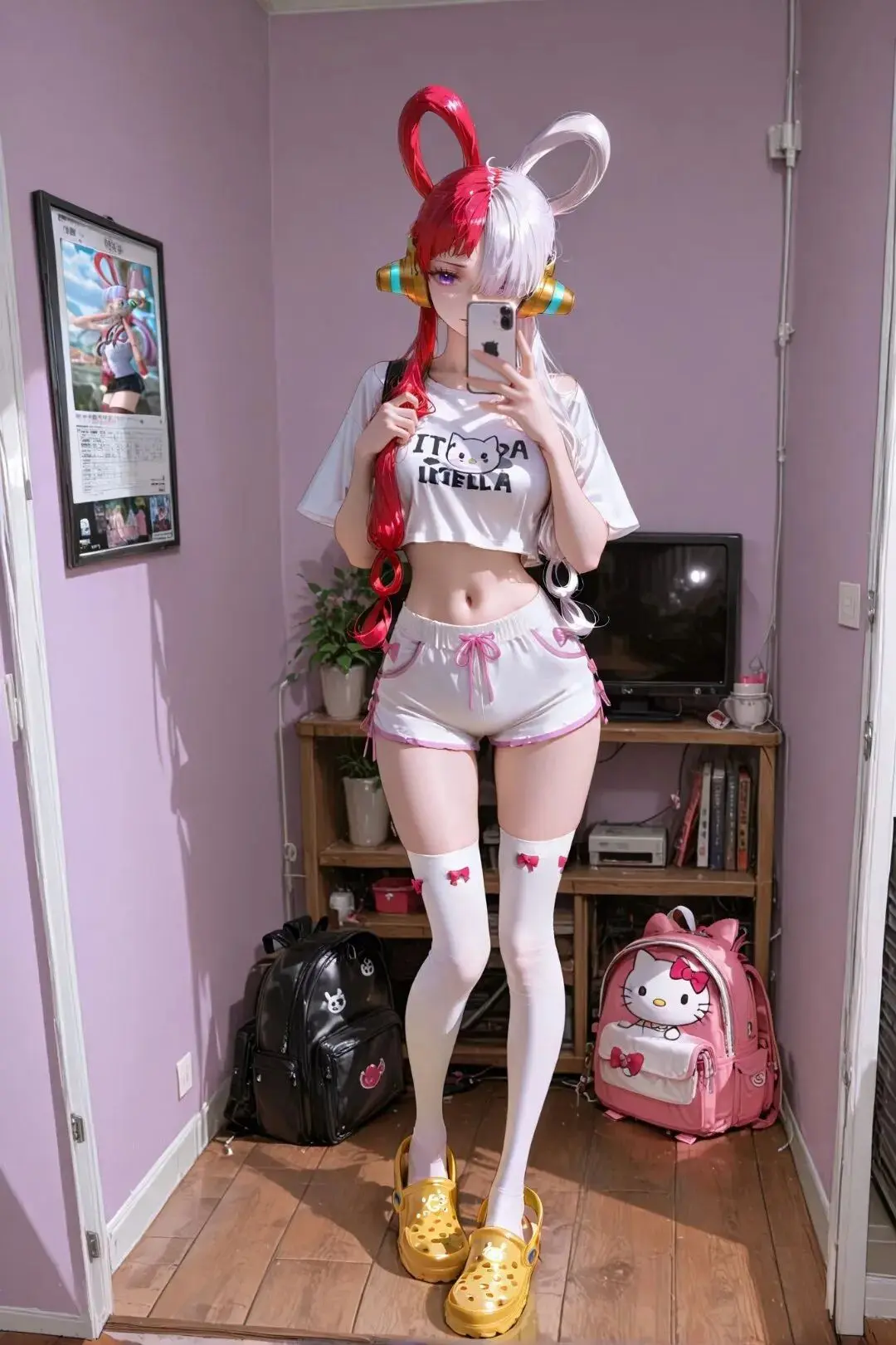 海贼王福利图：乌塔 Hello Kitty 露脐套装+过膝袜，甜辣元气感爆棚！