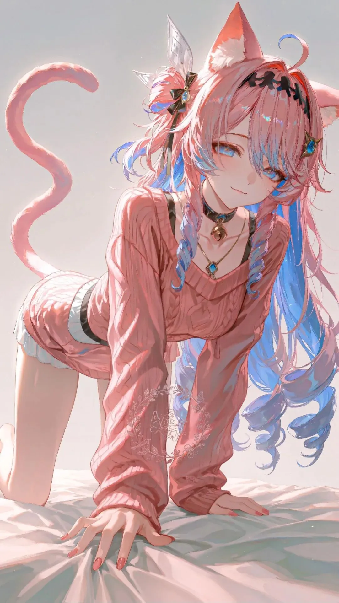 鸣潮福利图：猫耳少女粉色针织套装，甜欲跪趴曲线勾人
