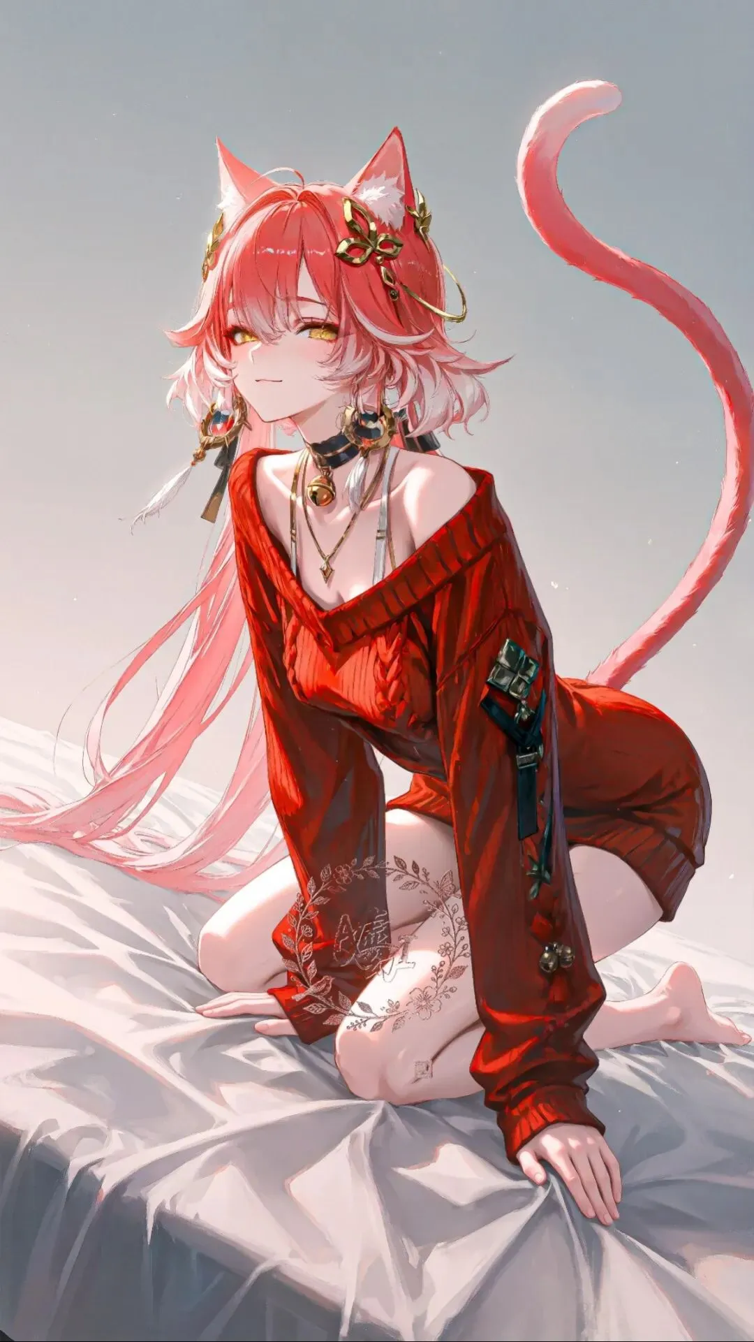 鸣潮福利图：绯红色露肩毛衣跪姿，猫耳魅惑曲线勾魂