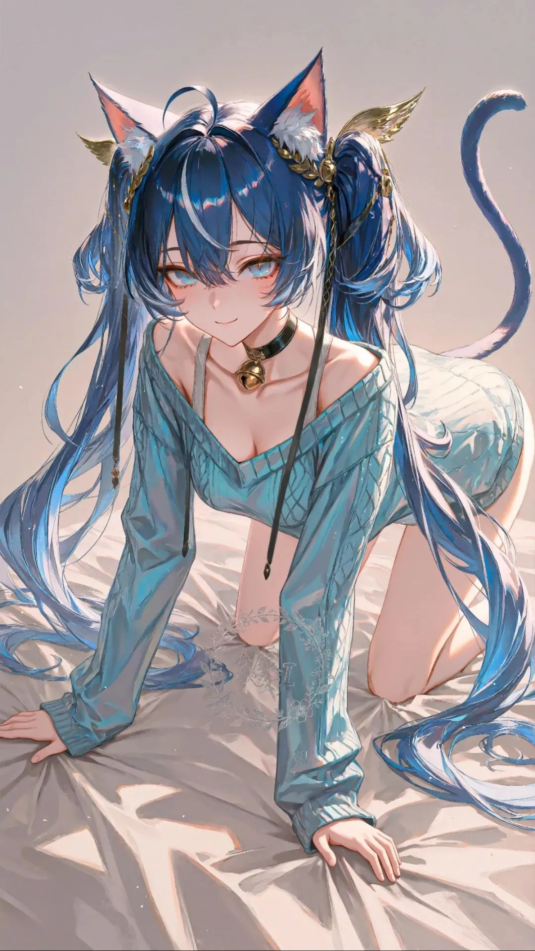 鸣潮福利图：猫耳少女青蓝露肩针织裙，跪趴媚姿曲线勾人，铃铛蓝眸氛围感拉满