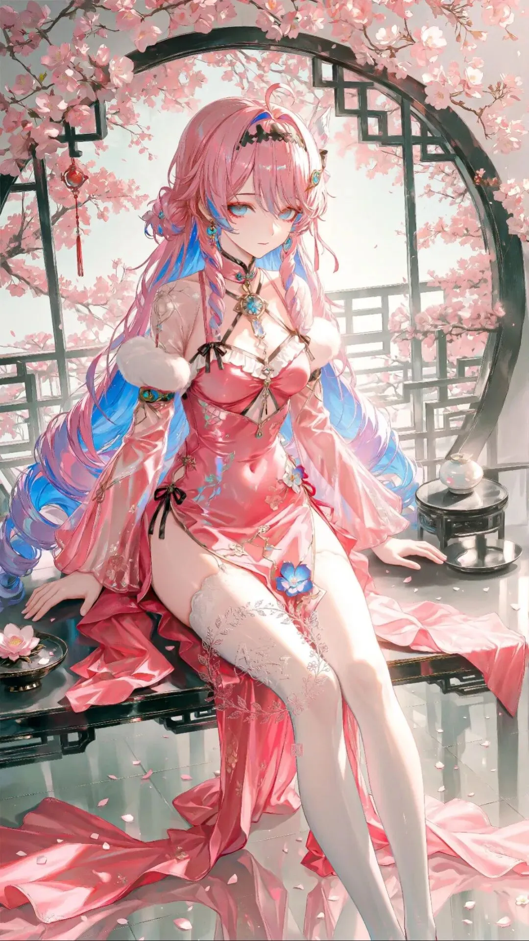 鸣潮福利图：浮珑粉色刺绣旗袍裙白丝，柔媚国风美人曲线勾魂