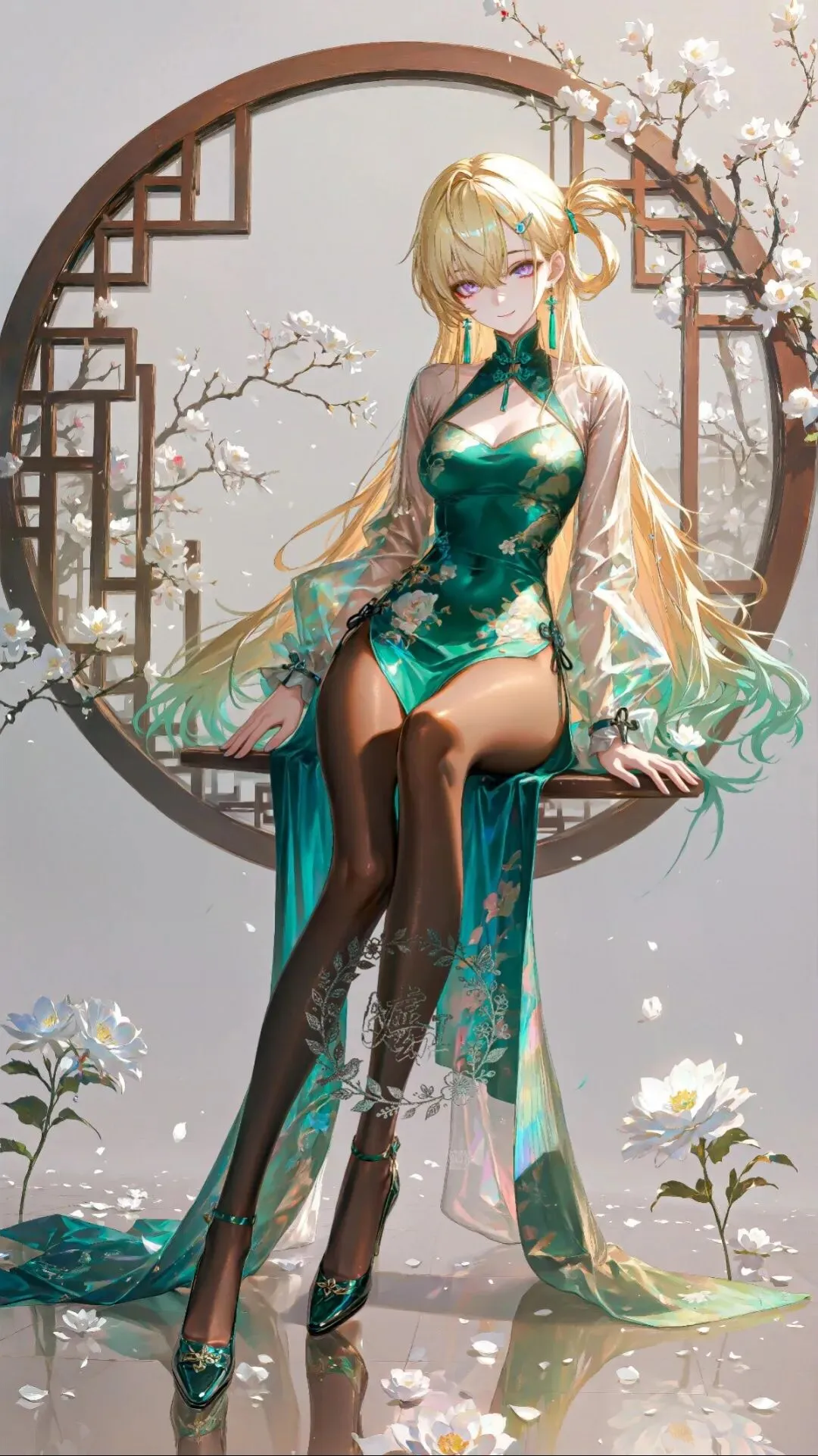 鸣潮福利图：令绿色印花旗袍黑丝高跟，古典妖姬曲线勾魂