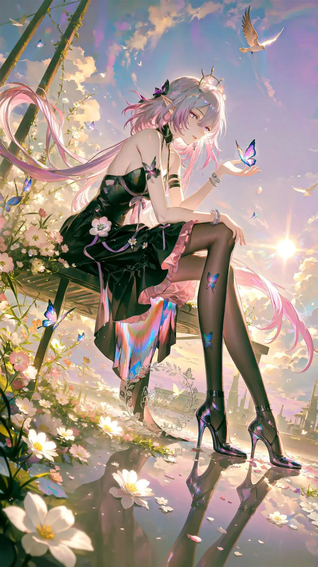 鸣潮福利图：幻蝶黑色抹胸短裙黑丝高跟，魅惑精灵曲线勾魂摄魄