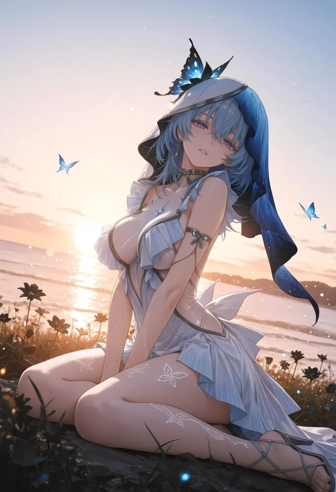 鸣潮福利图：安可浅蓝荷叶边露肩裙绑带鞋，梦幻性感曲线勾魂