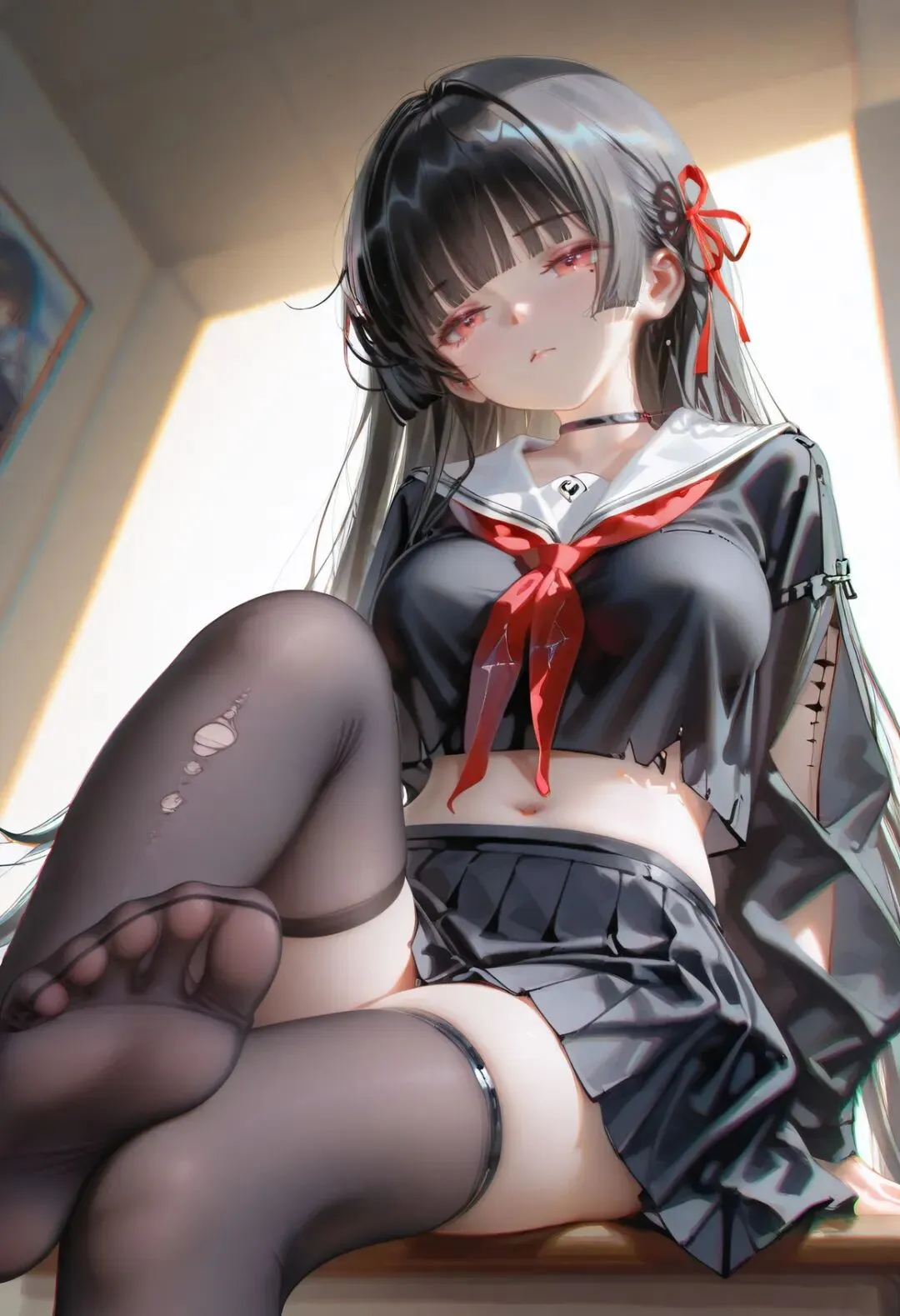 鸣潮福利图：黑JK制服破洞黑丝，纯欲学妹曲线勾魂