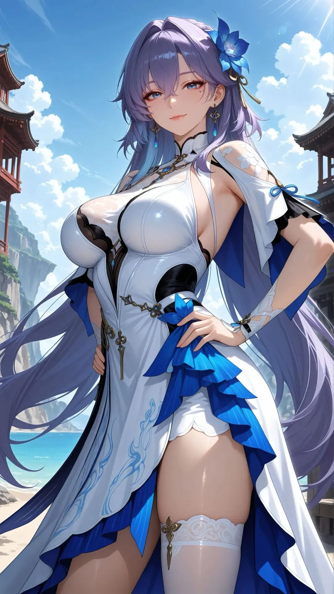 鸣潮福利图：知更白蓝紧身礼裙白丝，妩媚御姐曲线摄人心魄
