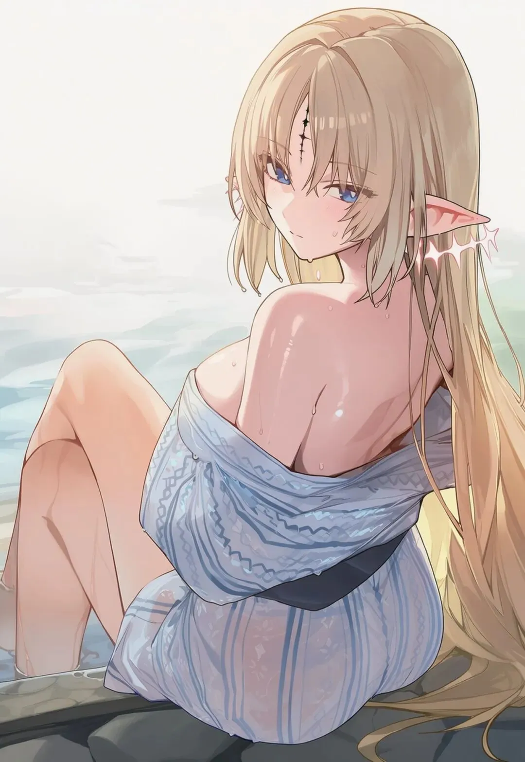 鸣潮福利图：维里奈蓝白薄裙湿身侧坐，魅惑精灵曲线勾人魂魄