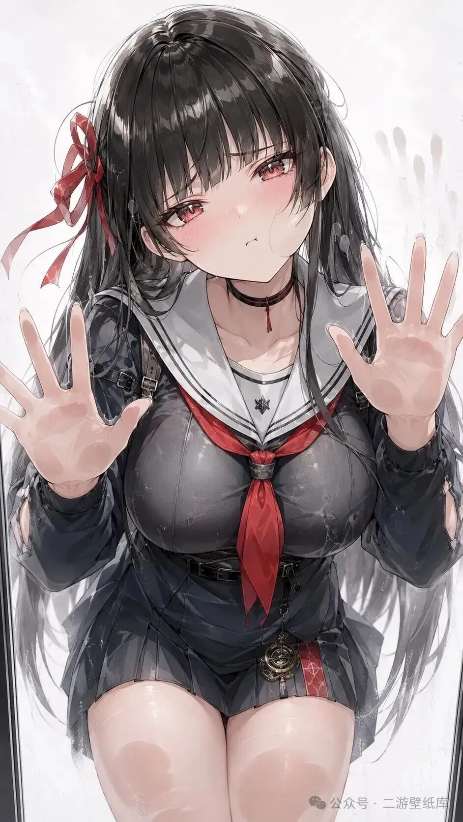 鸣潮福利图：黑发少女黑水手服红领结，娇嗔曲线勾人撩心
