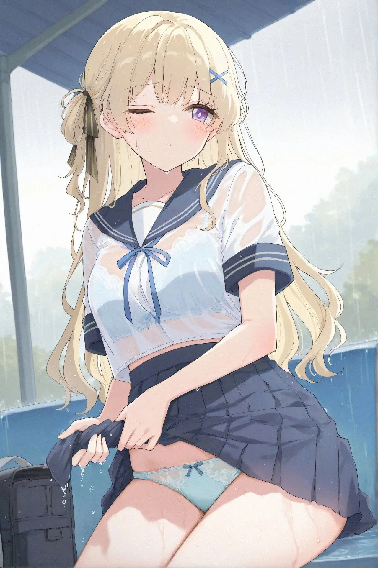 鸣潮福利图：[角色名]透纱水手服深蓝裙，清纯湿身诱惑勾人