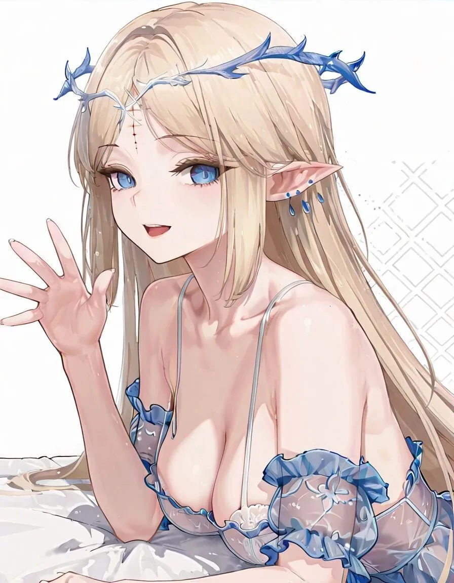 鸣潮福利图：赫卡蒂蓝白蕾丝吊带裙，精灵耳甜妹曲线勾人