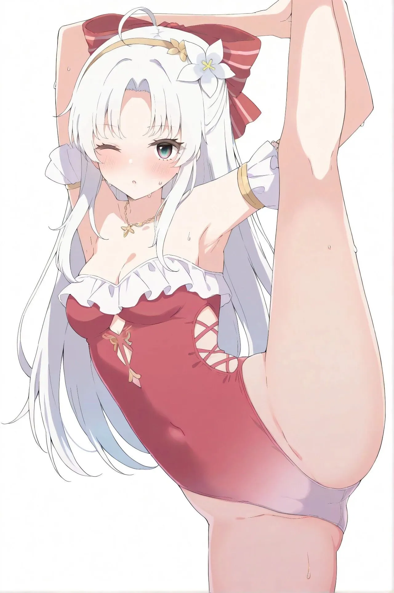 鸣潮福利图：白发少女红泳衣镂空，甜欲高抬腿曲线撩人