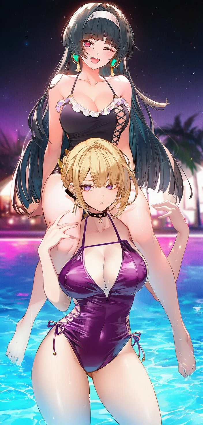 绝区零福利图：星见雅&安比泳池黑紫泳衣互动，火辣曲线撩心蚀骨