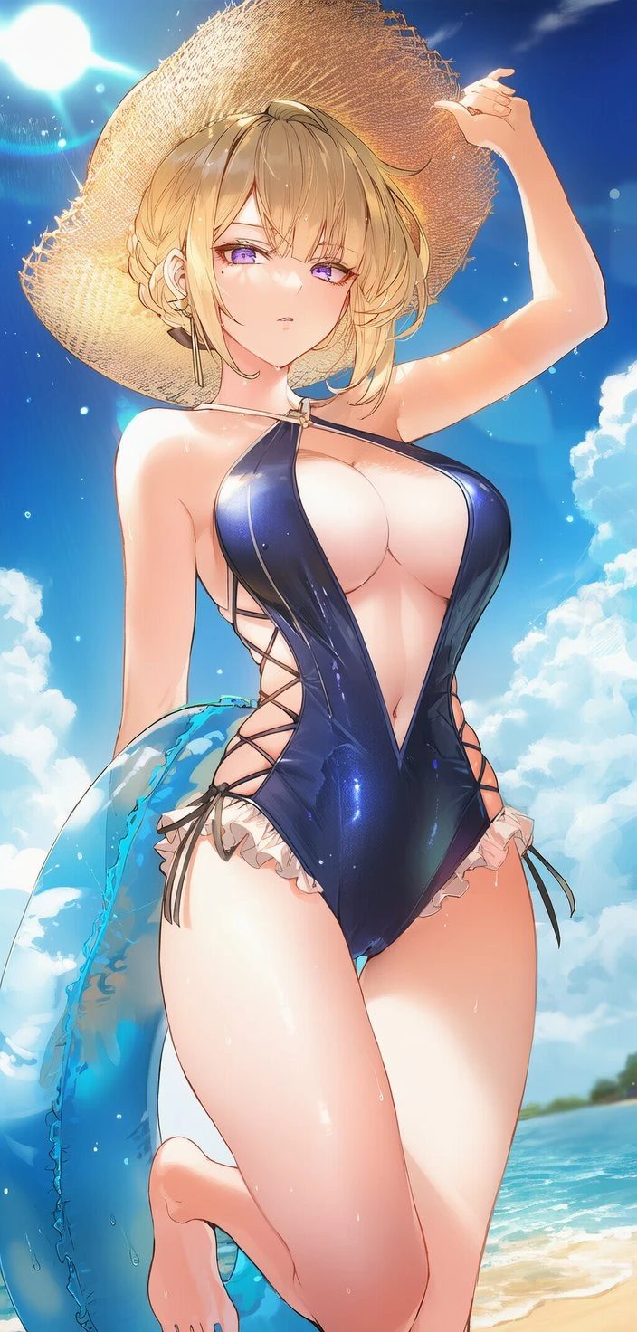 绝区零福利图：安比深蓝色绑带泳衣，夏日性感曲线勾人魂魄