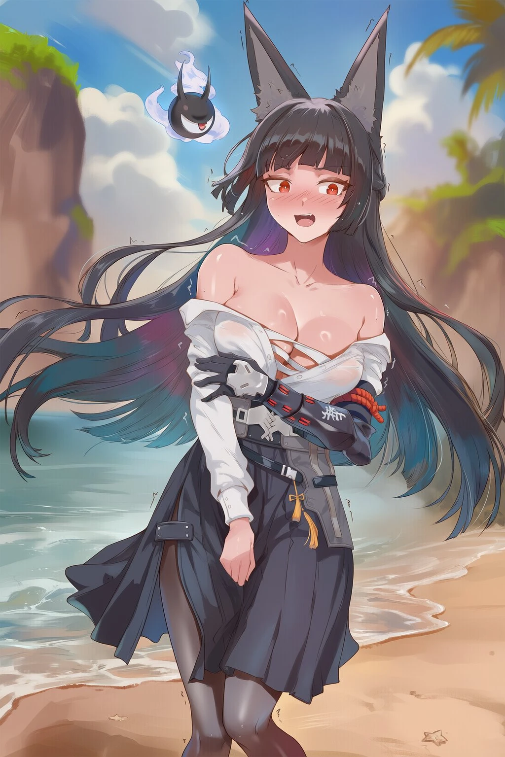 绝区零福利图：绯露肩白衫黑裙，海边娇俏曲线勾魂