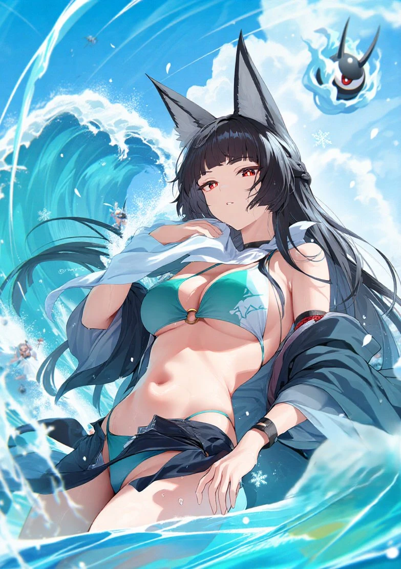 绝区零福利图：星见雅（同人兽耳）青绿色比基尼外搭和服，海浪中魅惑身姿勾人心魄