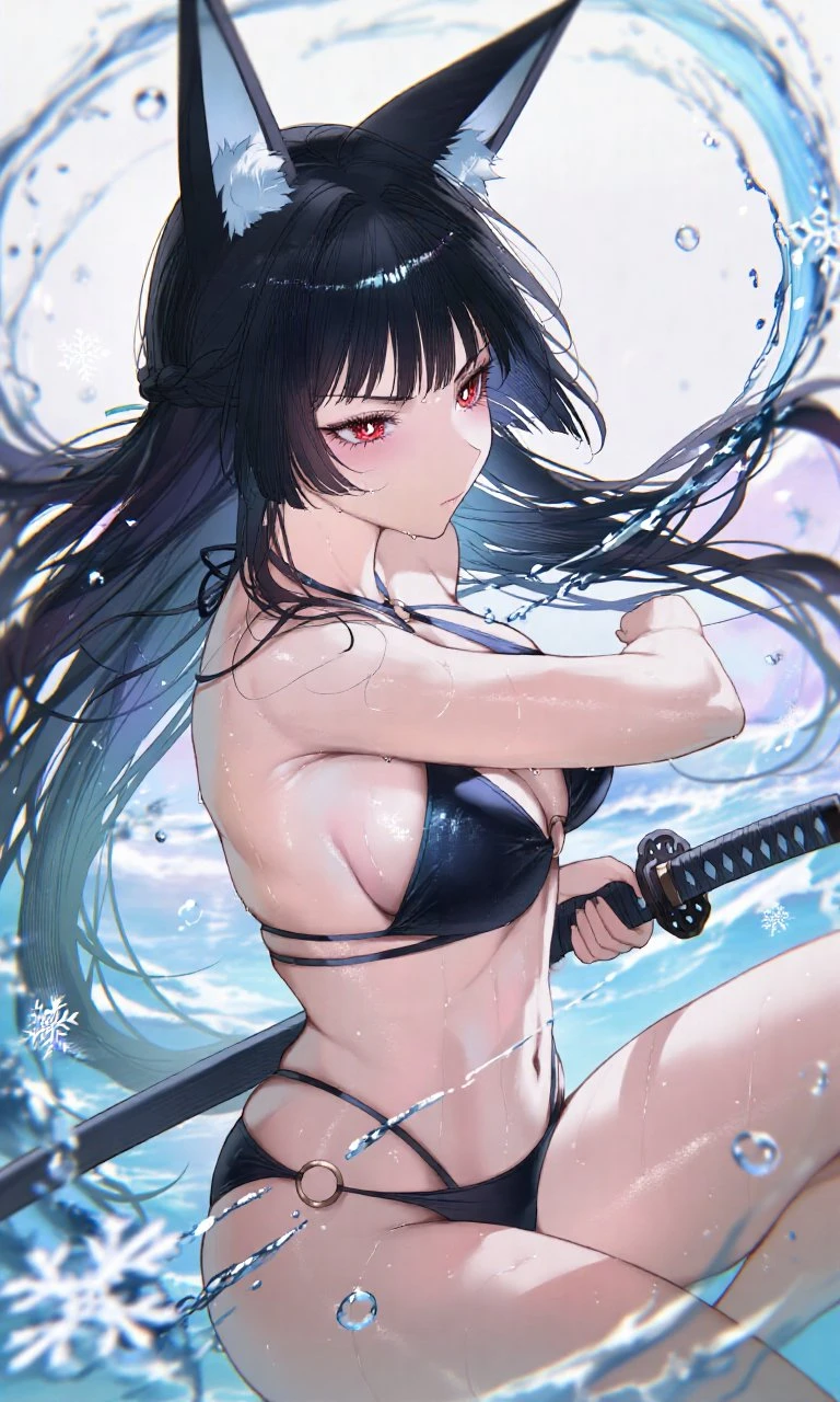 绝区零福利图：兽耳红瞳少女黑绑带比基尼武士刀，湿身冷艳妖媚蚀骨