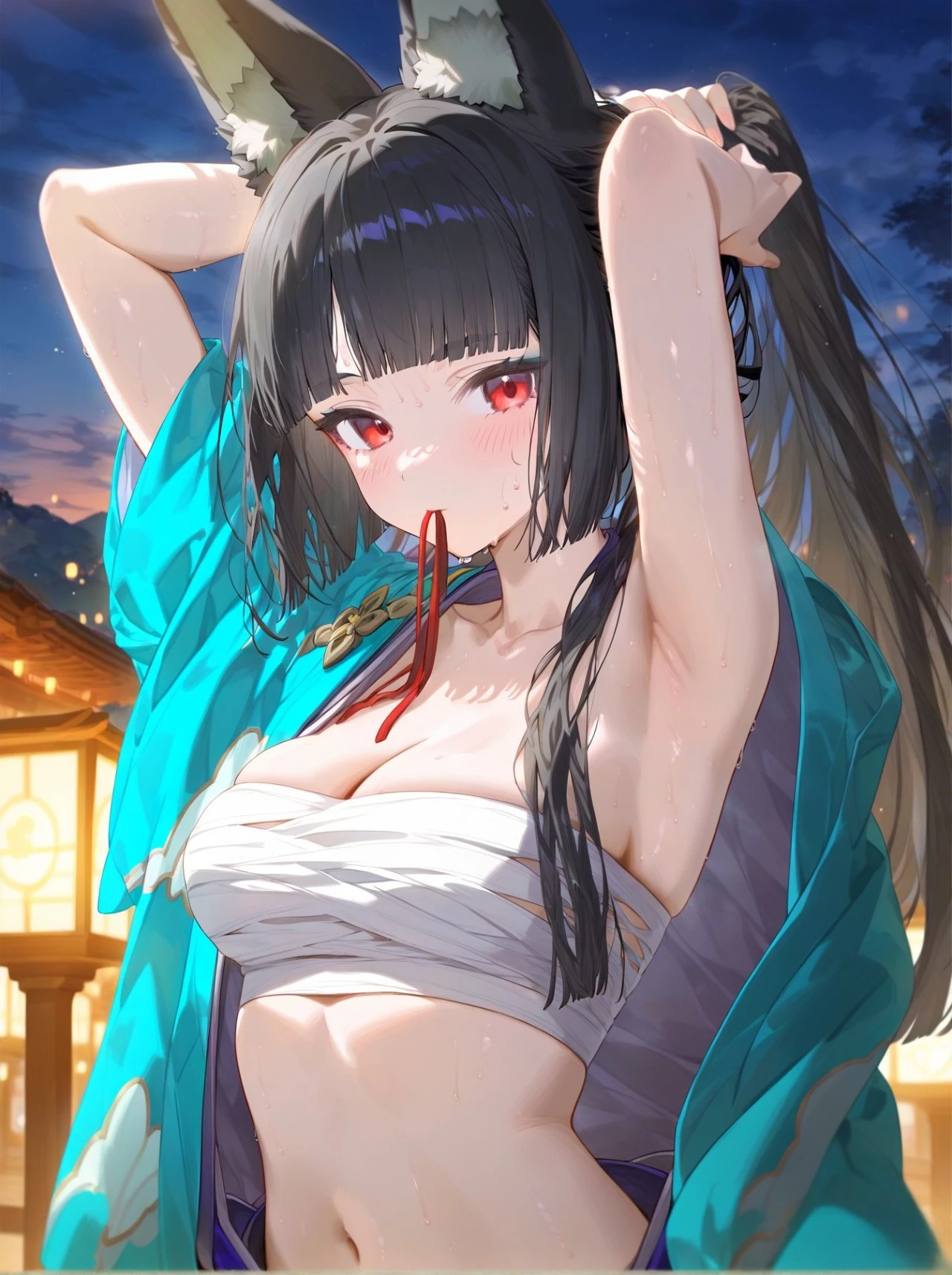 绝区零福利图：白狐湖蓝和服外袍+白色裹胸，湿身红晕撩人心扉